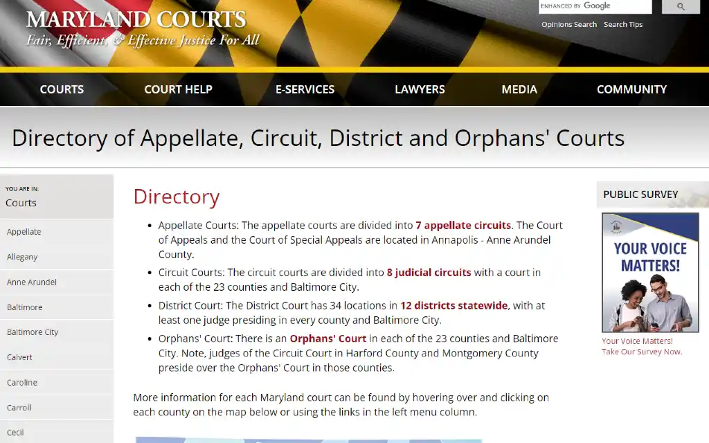 Directory for Maryland appellate, circuit, district, and orphan courts.