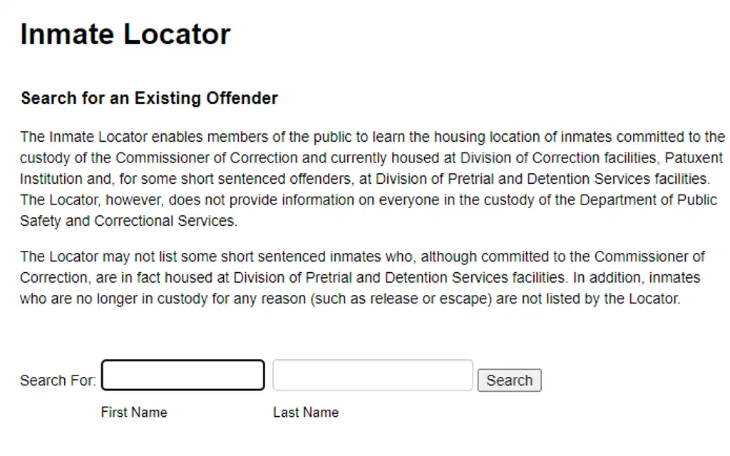 Maryland Department of Corrections inmate locator tool.