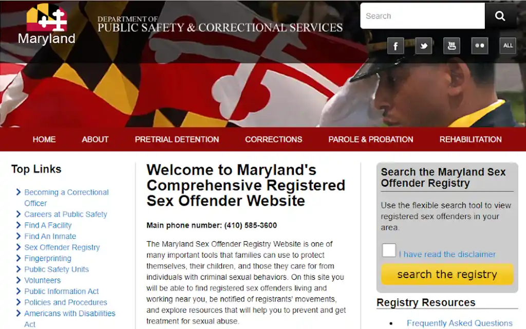 Maryland registered sex offender website as part of the Department of Public Safety and Correctional Services.