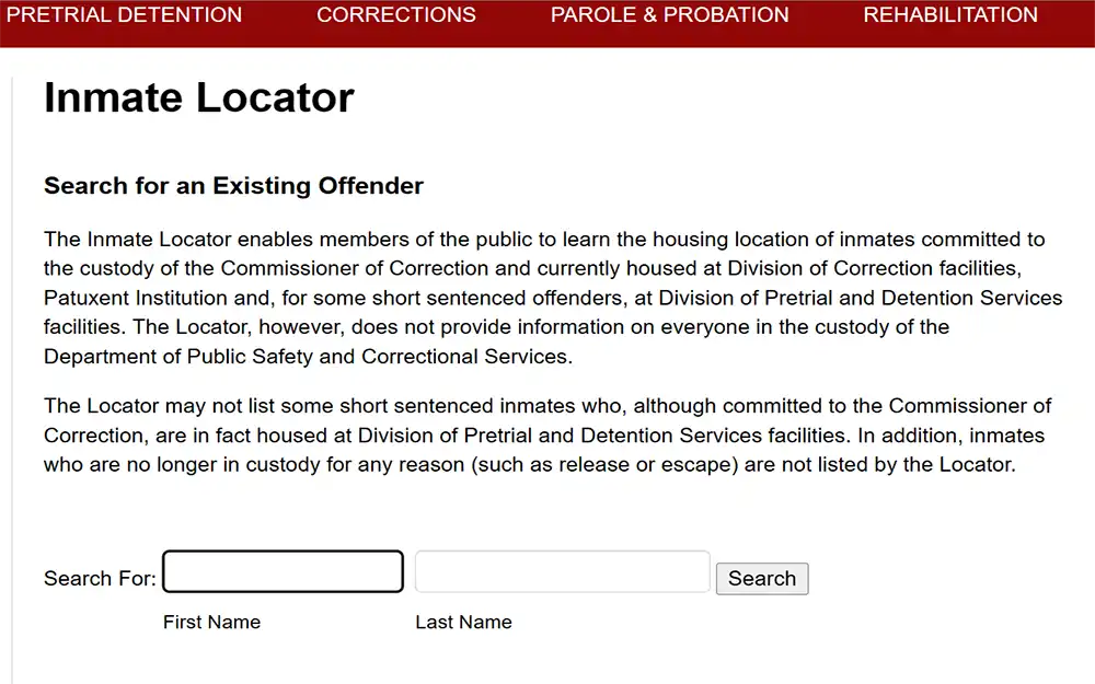 A screenshot from the Maryland Department of Public Safety and Correctional Services showing the inmate locator page to search for an existing offender, with search bars for first name and last name.