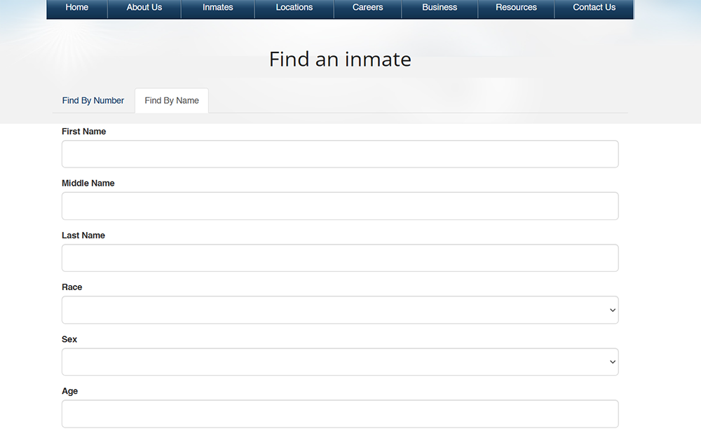 A screenshot from the Federal Bureau of Prison website showing the find an inmate search criteria page, with search bars for first, middle, and last names, race, sex and age.
