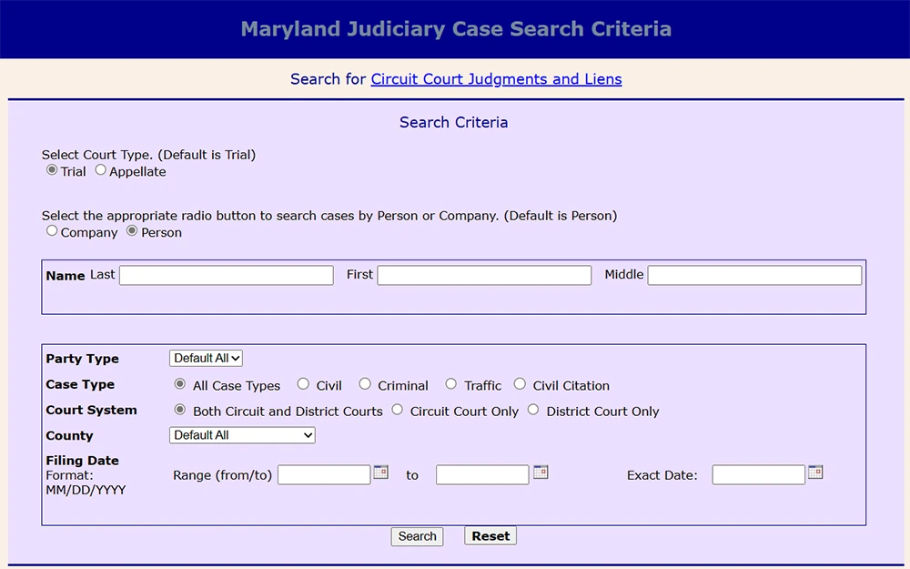 A screenshot of the website of Maryland Judiciary where people can search for all criminal, civil, traffic and civil citation records, with search criteria for court type, full name, party type, case type, court system, county and filing date.