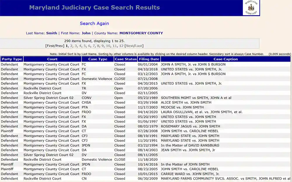 A screenshot from the Maryland Judiciary case search results after running a statewide criminal record search, showing information such as party type, court, case type, case status, filing date, and case caption, presented in a table form.