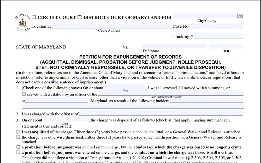 A screenshot from the Maryland Courts showing a petition for expungement of records form for acquittal, dismissal, probation before judgement, nolle prosequi, stet, not criminally responsible, or transfer to juvenile disposition.