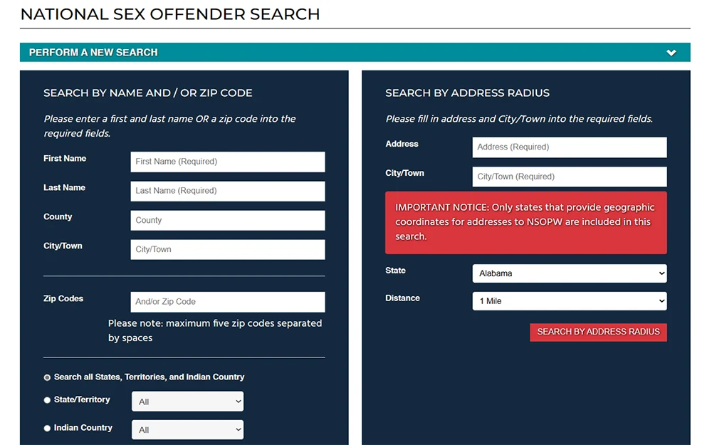 A screenshot from the National Sex Offender Registry website showing the offender search criteria page with search bars for full names, county, city/town, and zip codes.