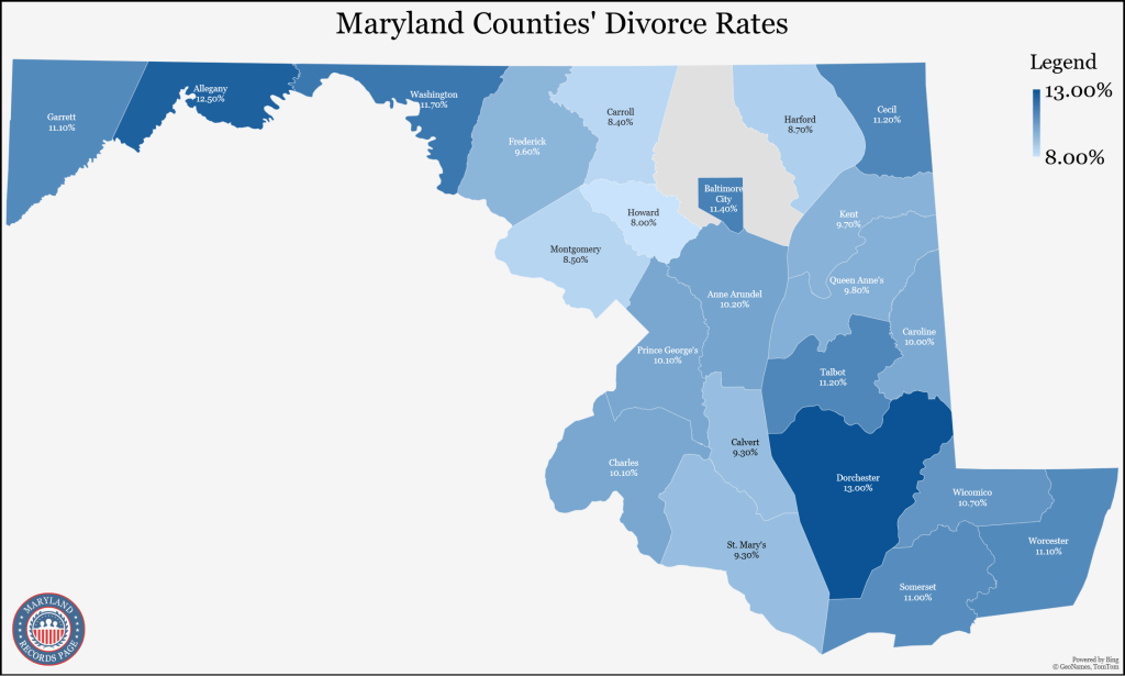 Map of Maryland showing the counties' divorce rates (5-year estimates in 2021).