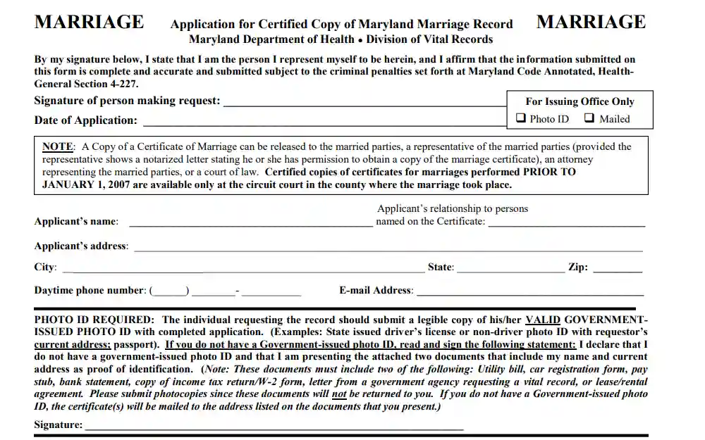 A screenshot of the Application for Certified Copy of Maryland Marriage Record, in which users must fill out the applicant's name, relationship to the persons named on the certificate, address, daytime phone number, email address, and signature. 