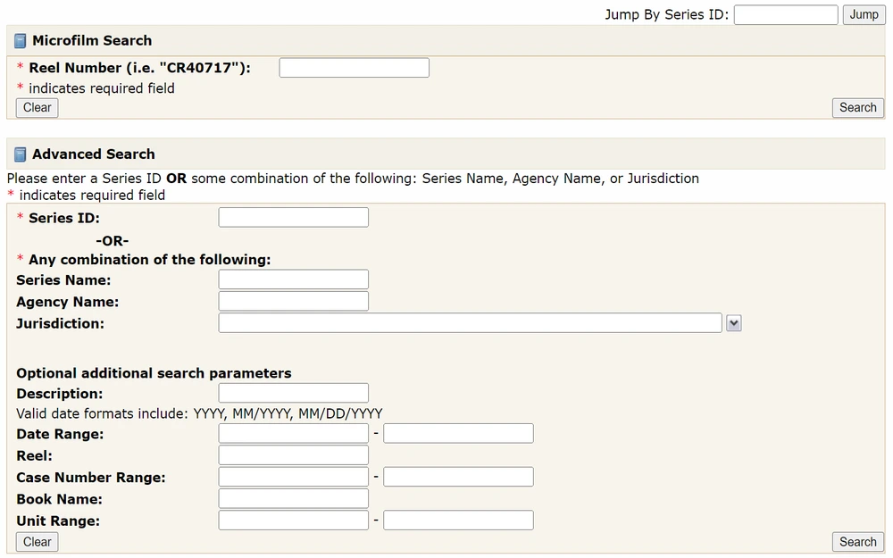 An online archival search interface with fields for microfilm search and an advanced search option allowing users to input a Series ID, or a combination of Series Name, Agency Name, and Jurisdiction, along with additional parameters like date range and case number for historical document retrieval.