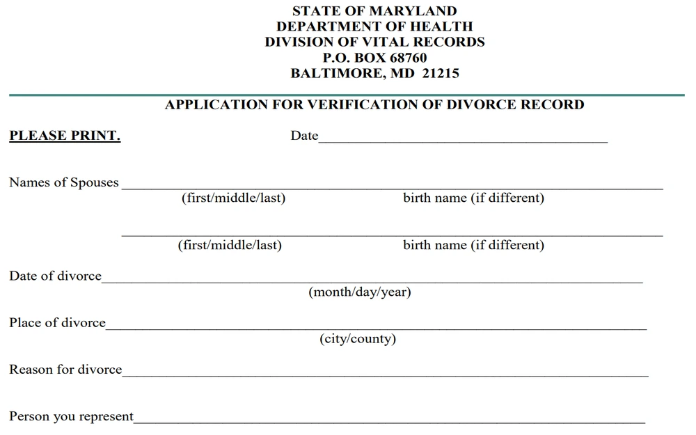 An application form for verifying a divorce record, requiring full names of both spouses, the divorce date, location, reasons for the divorce, and the applicant's relationship to the individuals involved.