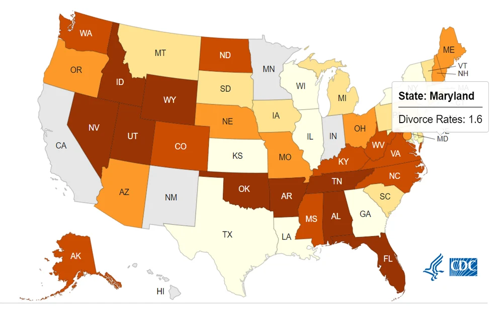 A comparative chart detailing divorce rates per 1,000 people across various states, highlighting the variance with the national average based on data from a health statistics center for the most recently available year.