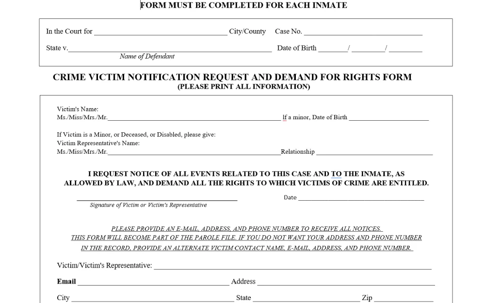 A screenshot of a legal document titled "Crime Victim Notification Request and Demand for Rights Form," which is to be completed by crime victims or their representatives to request notifications of all events related to a case and to assert their rights as permitted by law. The form includes fields for the victim's name, the representative's name, their relationship to the victim, and contact information, along with a space for their signature.