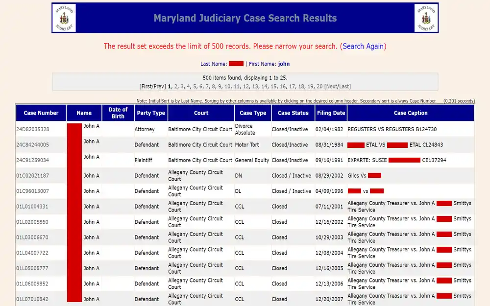 A screenshot showing a list of legal case results from a judicial case search portal, displaying multiple entries for cases associated with the same name, with details including case number, party type, court, case type, case status, filing date, and case caption.