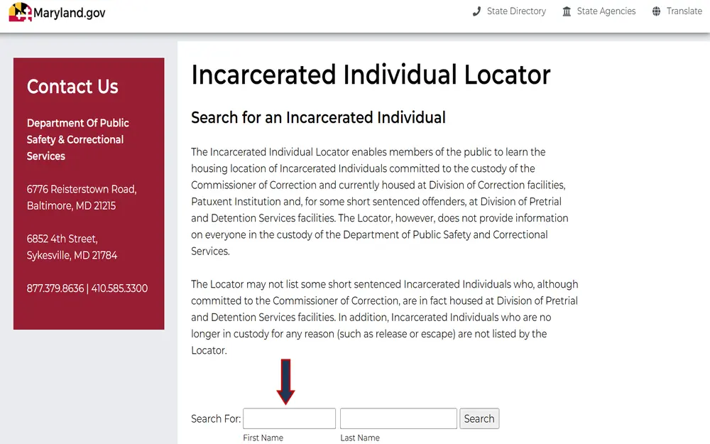 A screenshot of the Maryland state government's online platform for locating incarcerated individuals, displaying contact details for the Department of Public Safety and Correctional Services and a search interface for finding current inmates housed in correctional facilities.
