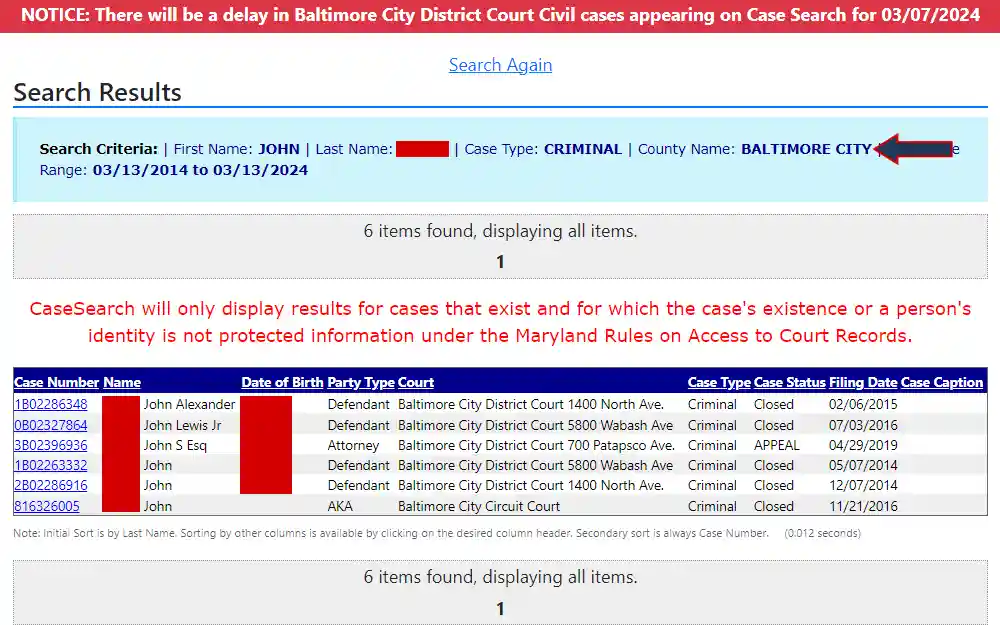Screenshot of the search results from Maryland Judiciary under Baltimore County, listing the case number, name, birthday, party type, court, case type, case status, filing date, and case caption of the offenders in the court cases.