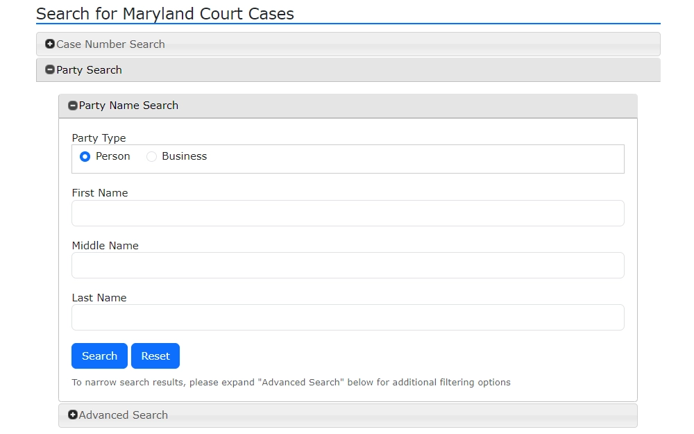 A screenshot of the case search tool from Maryland Judiciary displaying the party name search option with fields for the first, middle, and last names, and options regarding the party type.
