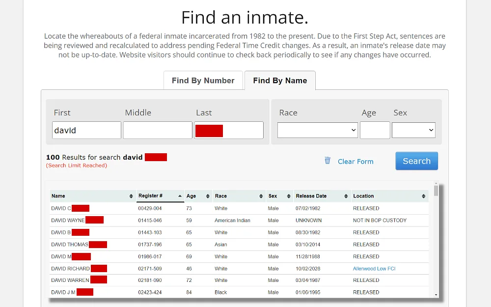 A screenshot from the Federal Bureau of Prisons website shows an inmate locator search tab by number or by name and search fields such as first, middle, and last name, race, age, and gender and below are displaying search results with additional details of register number, release date, and location.
