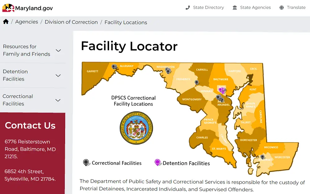 A screenshot showing a facility locator displaying labels categorized as correctional and detention facilities and locations such as Garrett, Allegany, Washington, Carroll, Charles, Baltimore, and more from the Maryland Department of Public Safety and Correctional Services website.