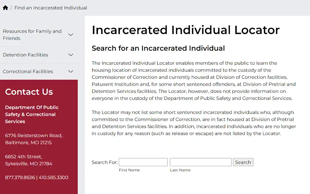 A screenshot of an incarcerated individual locator with criteria such as first and last name to proceed with the search from the Maryland Department of Public Safety and Correctional Services website.