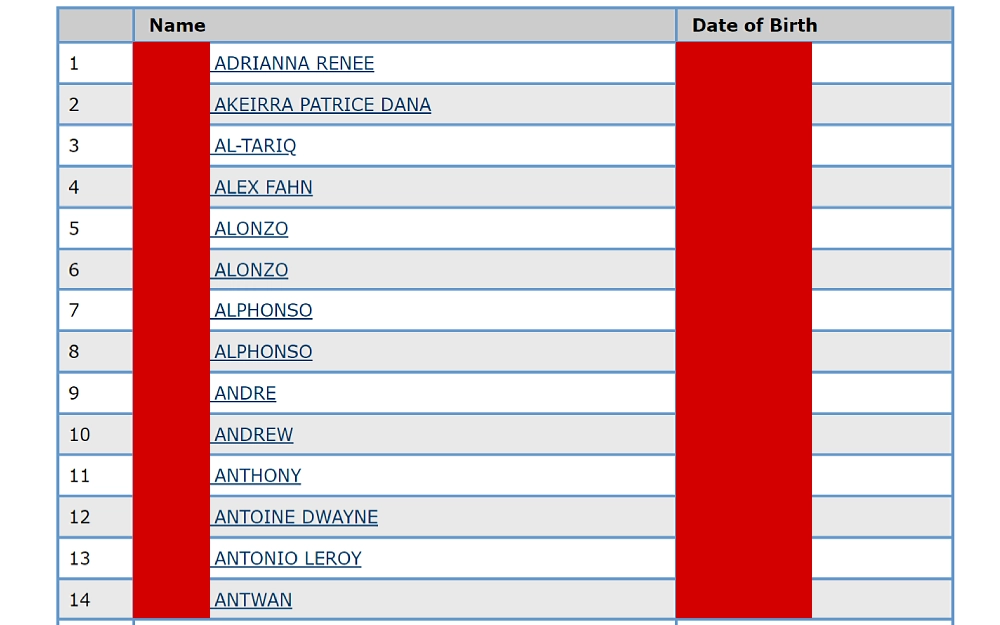 A screenshot from the Maryland Department of Public Safety and Correctional Services website showing an incarcerated individual locator search results displaying complete name and date of birth.