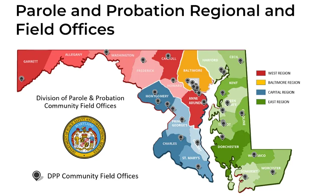 A screenshot of parole and probation regional and field offices labeled in different colors: red for the West region, yellow for the Baltimore region, blue for the Capital region, green for the East region and a state map with pinned locations.