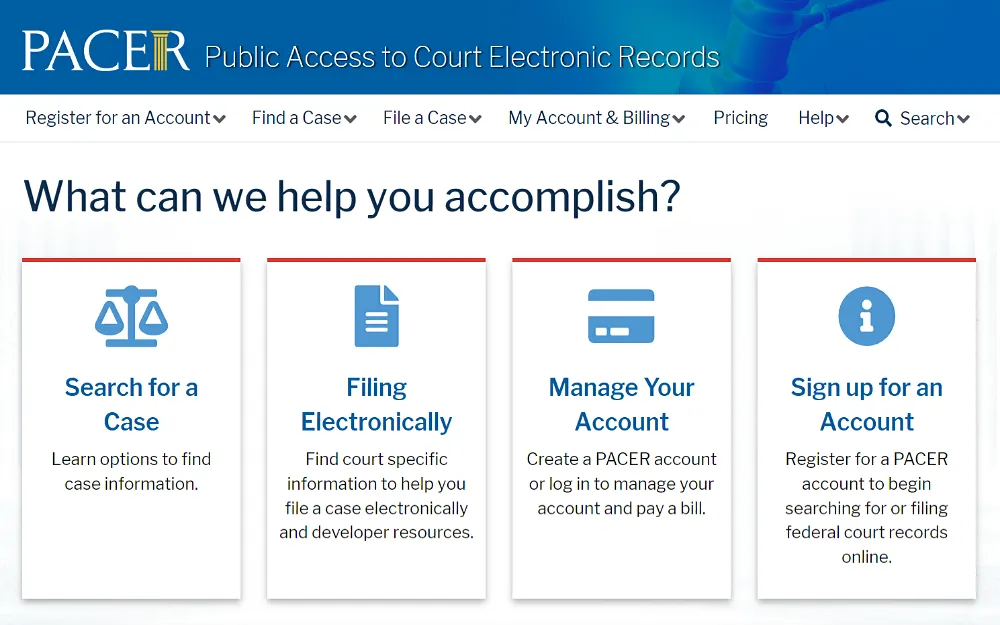 A screenshot from the Public Access to Court Electronic Records website showing options to search for a case, file electronically, manage the accounts and sign up for an account.
