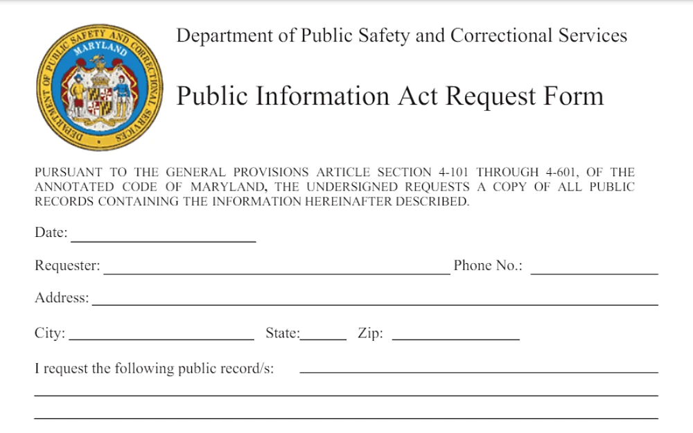 A screenshot of a Public Information Act request form with details to be filled in, such as date, requester, address, city, phone number, city, state, and zip code.