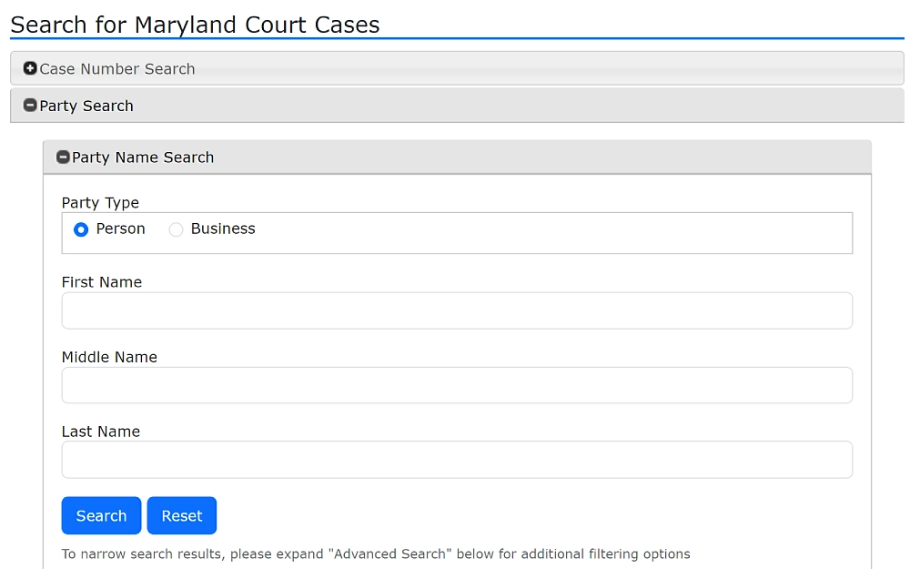 A screenshot shows the Maryland court case search by case number or party search criteria: party type, first name, middle name, and last name, as well as a search and reset blue button from the Maryland Judiciary website.