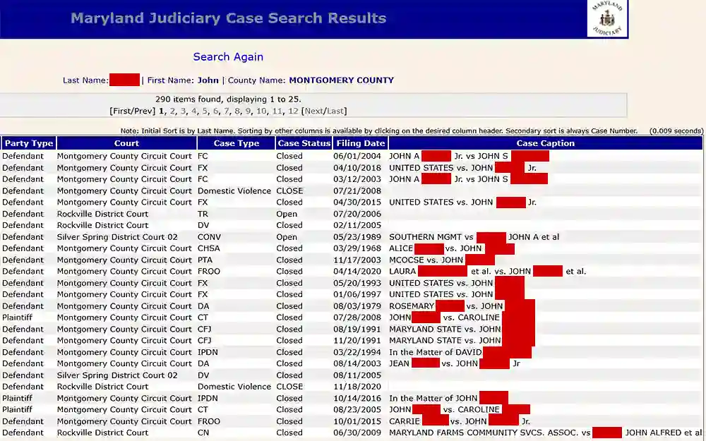 A screenshot from the Maryland Judiciary case search results after running a statewide criminal record search, showing information such as party type, court, case type, case status, filing date, and case caption, presented in a table form.